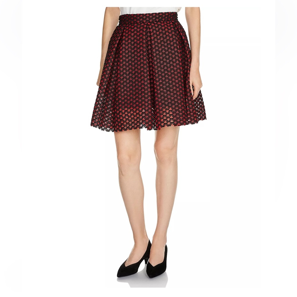 NWT Maje Red & Black Pleated Embroidered Mesh Juliette Skirt Size 1 (Small)